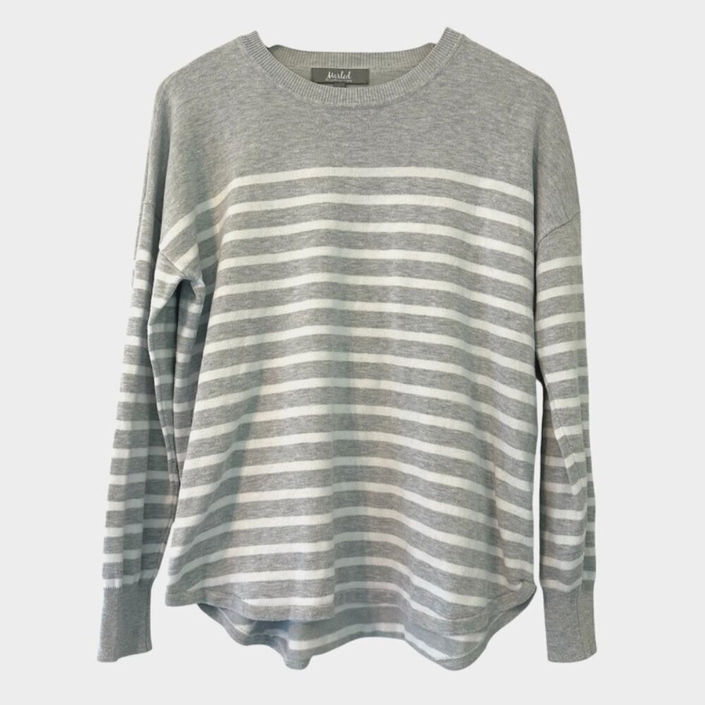 Marled Women's Large Soft Gray Tight-Knit Long Sleeve Crewneck Striped Sweater